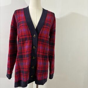 Ann Taylor Plaid Cardigan V Neck Red Purple Button Down Sz M Academia Preppy